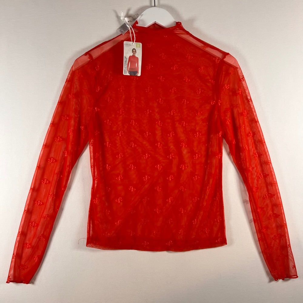 NWT Serra Red Sheer Lace Layering Top Womens Medium Mock Neck Bow Y2K Holiday